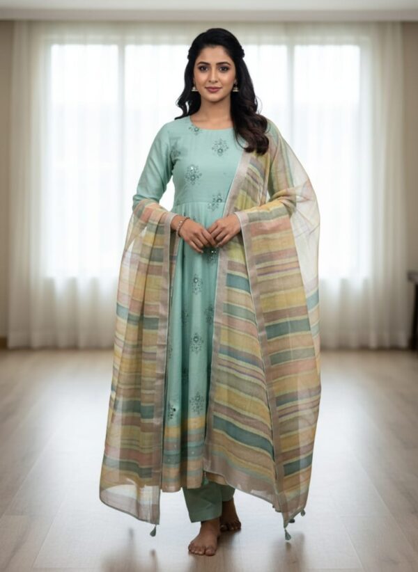 Pista Green Chanderi Unstitched Suit with Digital Chanderi Dupatta & Mirror Work (Premium 3-Piece Set)